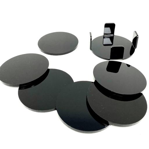 6 Pack of Black Perspex® Coasters and Coaster Holder